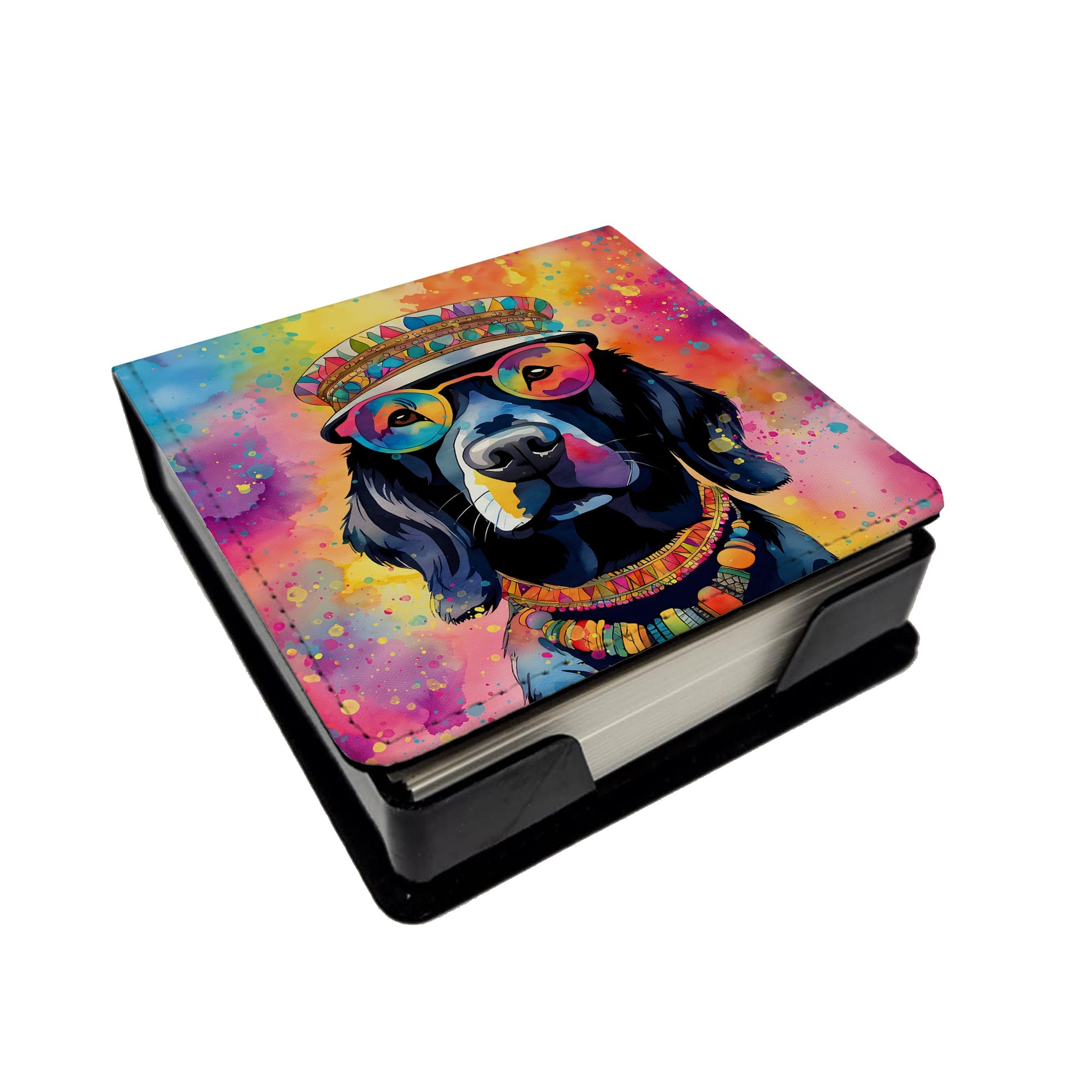 Black Labrador Hippie Dawg PU Leather Note Paper Holder with Artist-Designed Cover, Desk Accessory, Office Gift