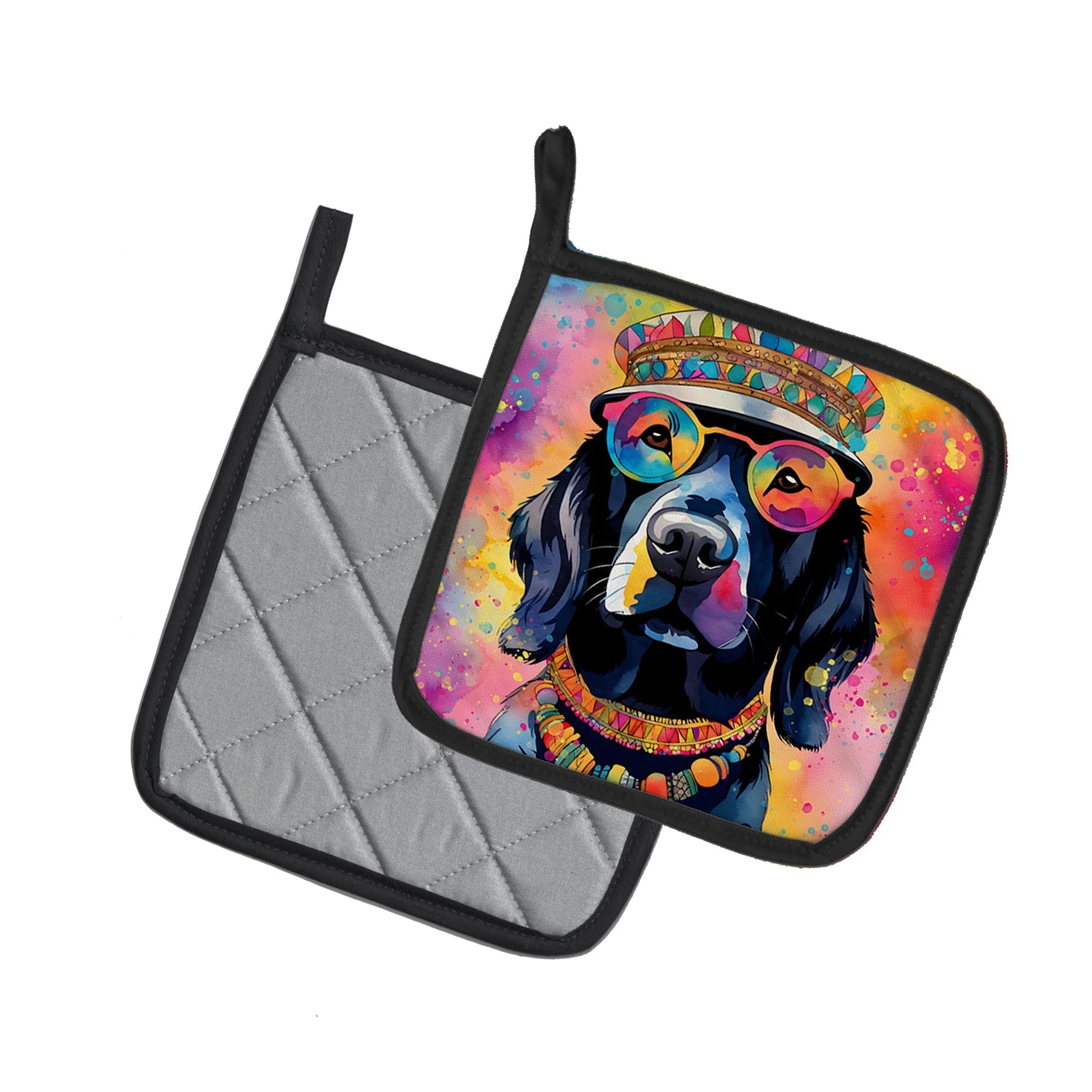 Black Labrador Hippie Dawg Pot Holder Set of 2 Heat Resistant Quilted Hot Pads 7.5 x 7.5 Inch, Insulated Kitchen Trivets for Cooking & Baking