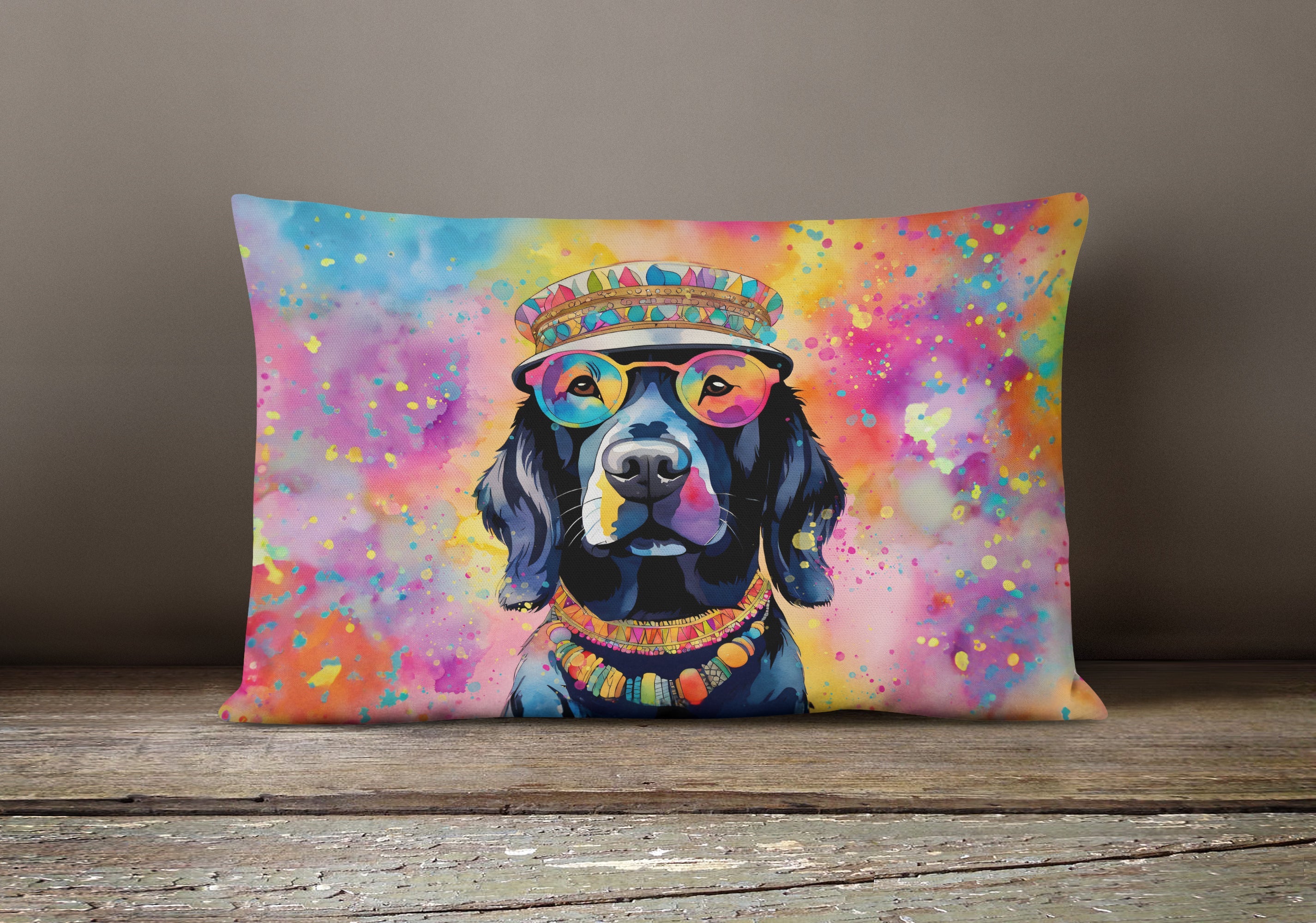 Black Labrador Hippie Dawg Decorative Throw Pillow 12x16 Indoor Outdoor Accent Cushion, Fabric Cover with Insert for Sofa, Bed, Porch & Living Room