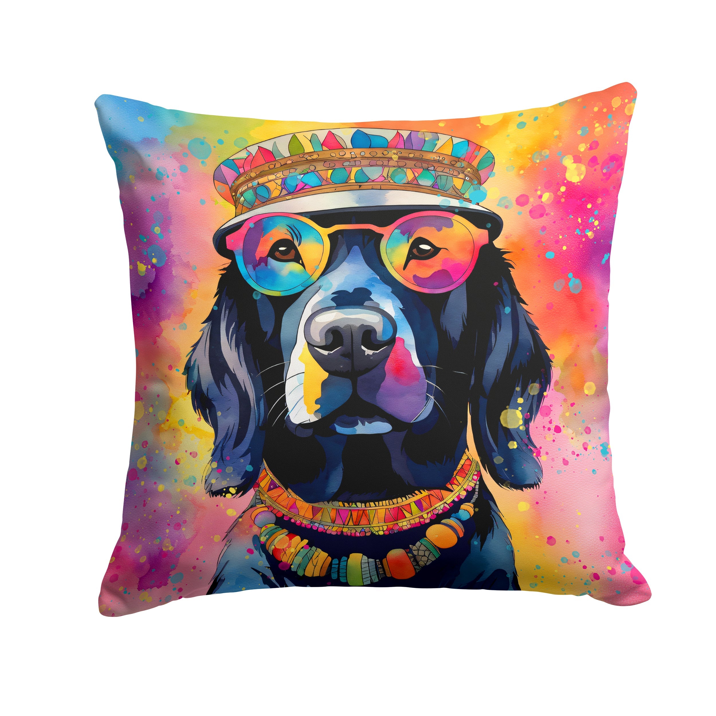 Black Labrador Hippie Dawg Decorative Throw Pillow 14x14 Indoor Outdoor Accent Cushion, Fabric Cover with Insert for Sofa, Bed, Porch & Living Room