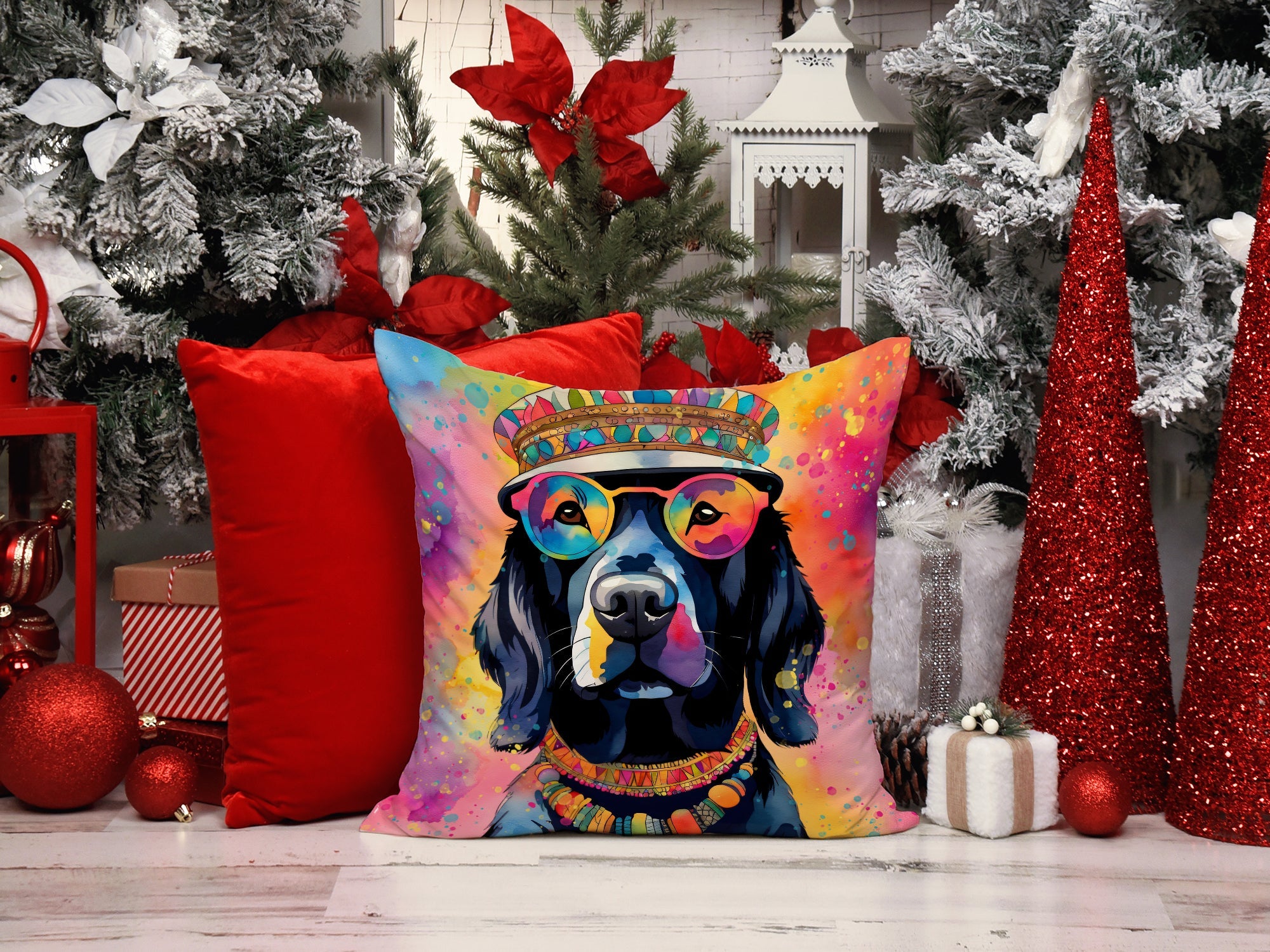 Black Labrador Hippie Dawg Decorative Throw Pillow 14x14 Indoor Outdoor Accent Cushion, Fabric Cover with Insert for Sofa, Bed, Porch & Living Room