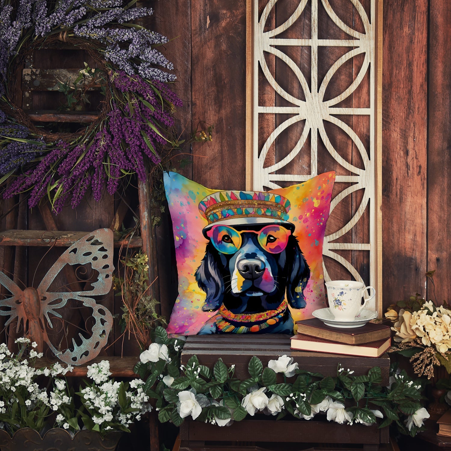 Black Labrador Hippie Dawg Decorative Throw Pillow 14x14 Indoor Outdoor Accent Cushion, Fabric Cover with Insert for Sofa, Bed, Porch & Living Room