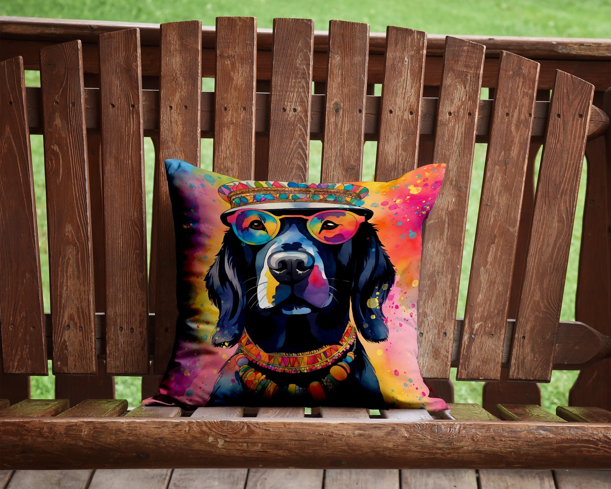 Black Labrador Hippie Dawg Decorative Throw Pillow 14x14 Indoor Outdoor Accent Cushion, Fabric Cover with Insert for Sofa, Bed, Porch & Living Room