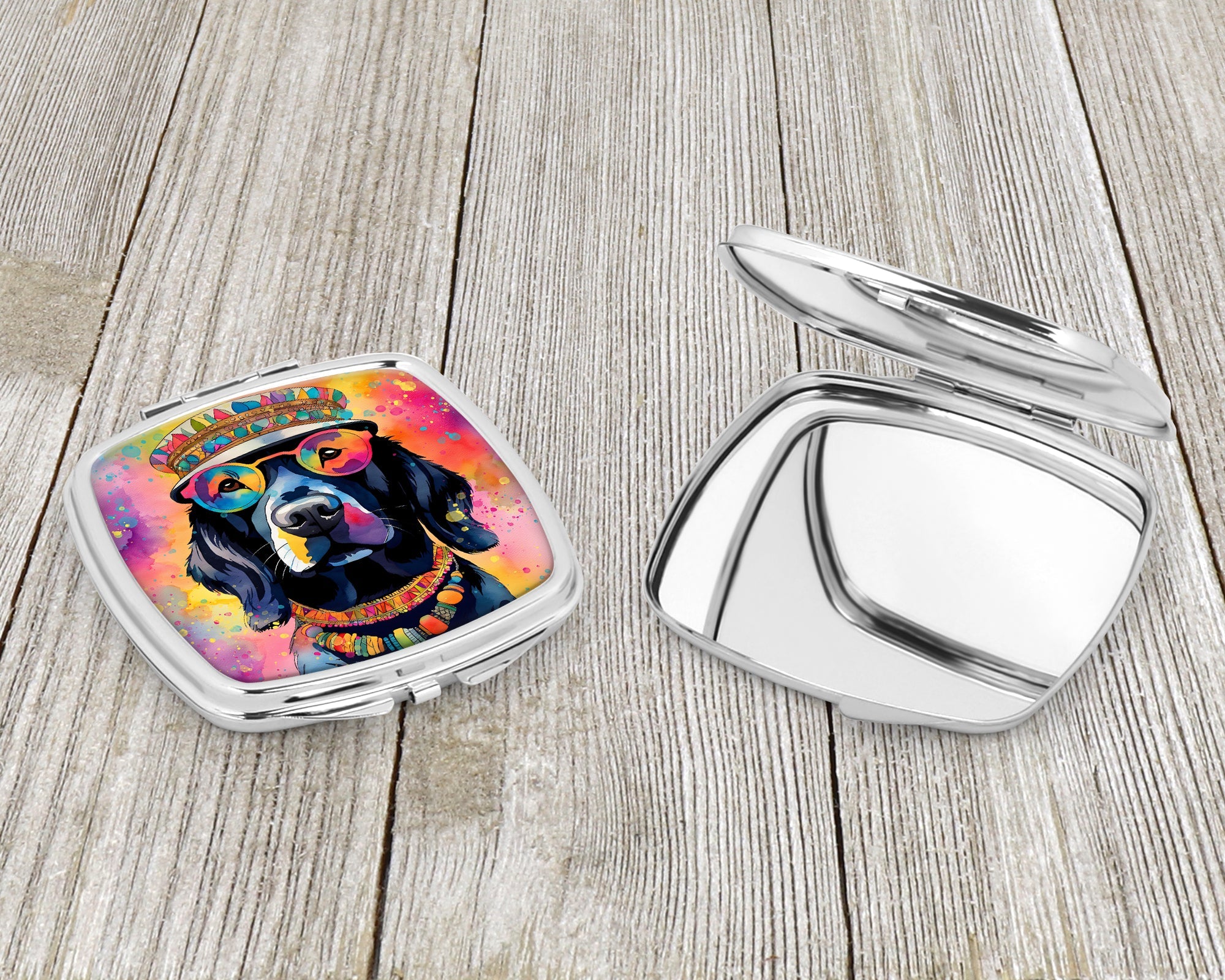 Black Labrador Hippie Dawg Compact Mirror Decorative Travel Makeup Mirror for Women Girls Gifts Pocket Makeup Mirror Folding Handheld