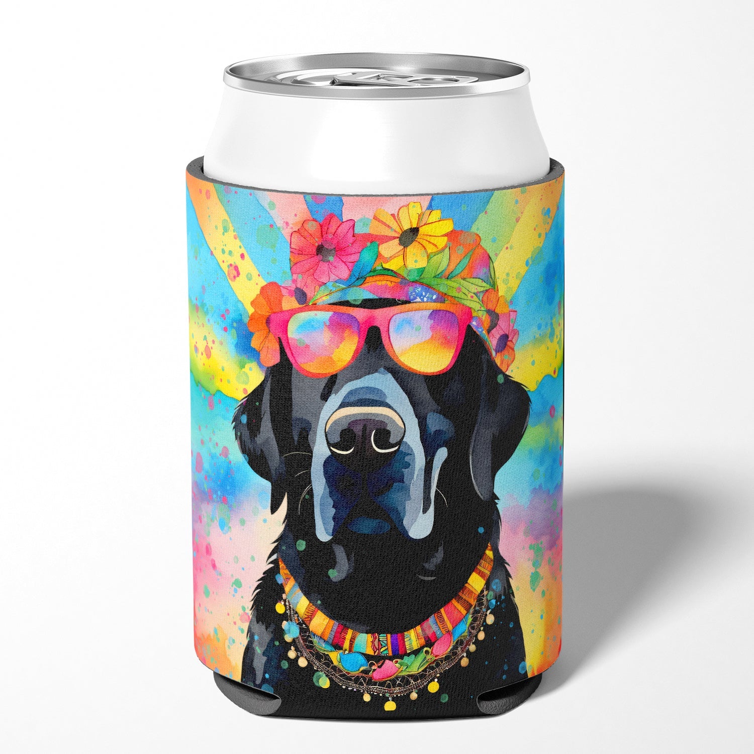Black Labrador Hippie Dawg Can or Bottle Hugger Cooler Sleeve for Standard 12 oz Cans, Insulated Foam Beer & Soda Can Hugger Reusable