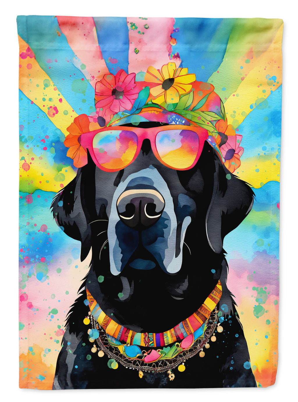 Black Labrador Hippie Dawg House Flag 28x40 Porch Sleeve Pole Decorative Outside Yard Banner Artwork Wall Hanging, Polyester