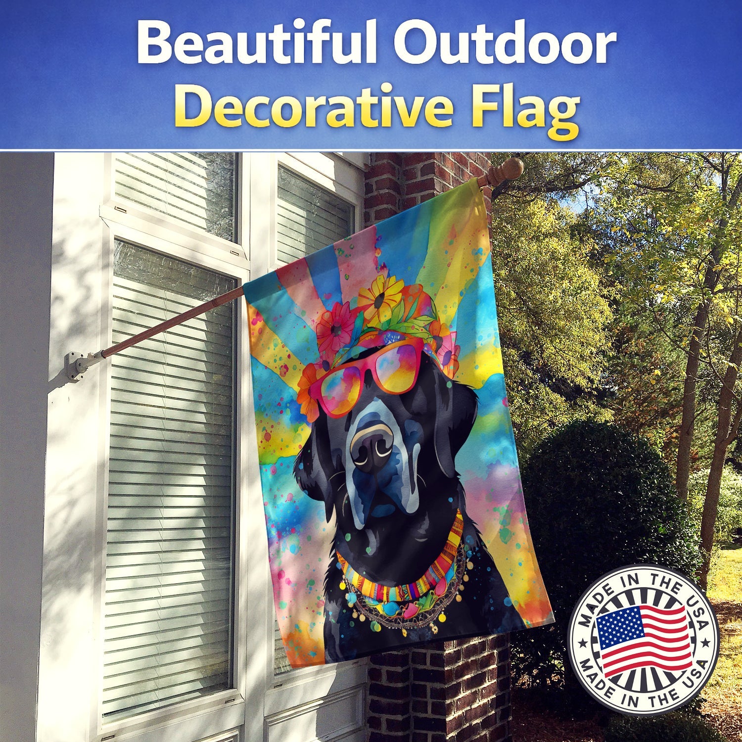 Black Labrador Hippie Dawg House Flag 28x40 Porch Sleeve Pole Decorative Outside Yard Banner Artwork Wall Hanging, Polyester