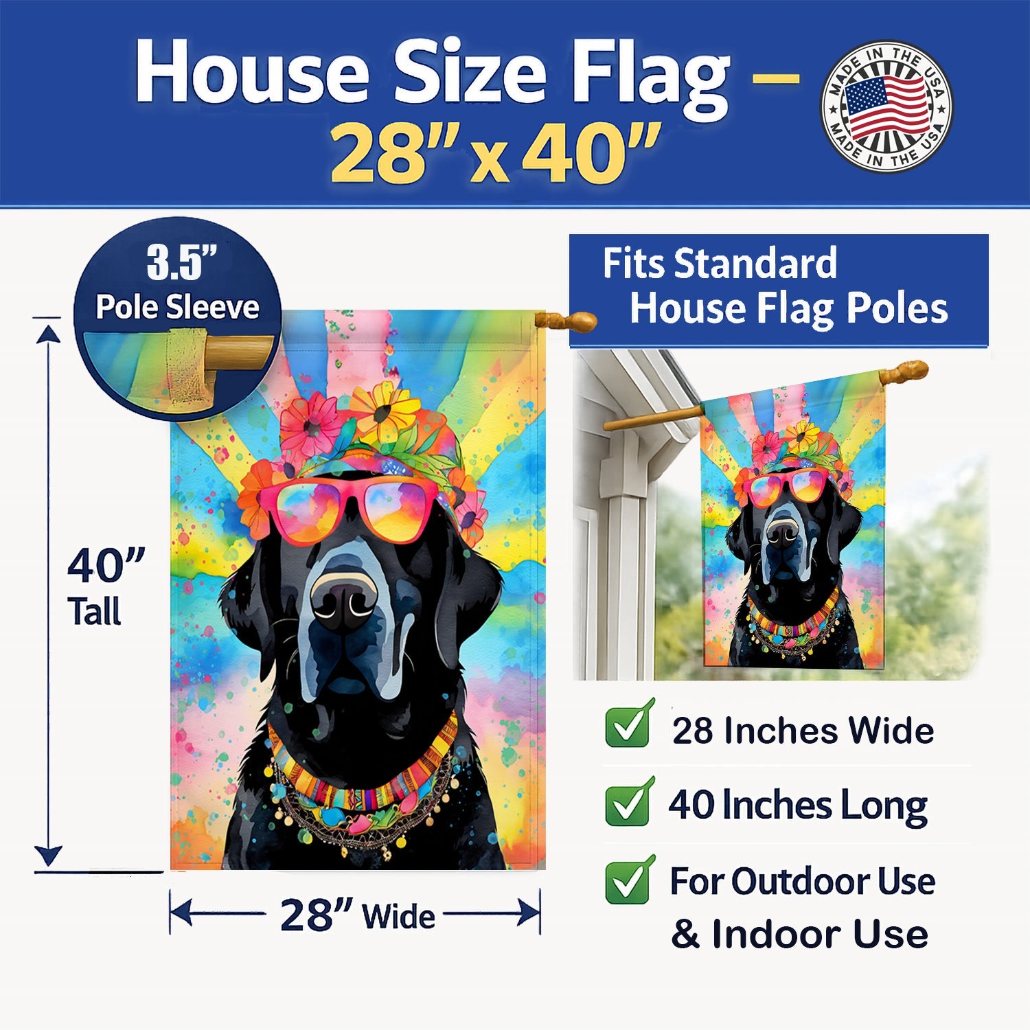 Black Labrador Hippie Dawg House Flag 28x40 Porch Sleeve Pole Decorative Outside Yard Banner Artwork Wall Hanging, Polyester