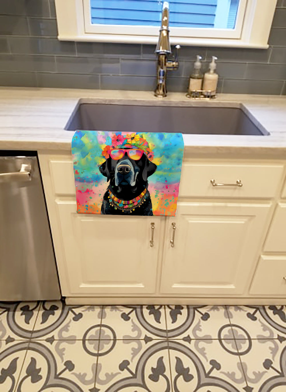 Black Labrador Hippie Dawg Kitchen Towel Velour Plush Front and Cotton Loop Back Machine Washable