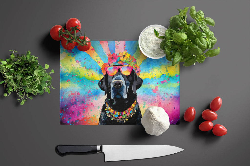 Black Labrador Hippie Dawg Cutting Board Tempered Glass Kitchen Cutting Surface, Heat Resistant Chopping, Non-Slip Feet, Food Prep & Serving