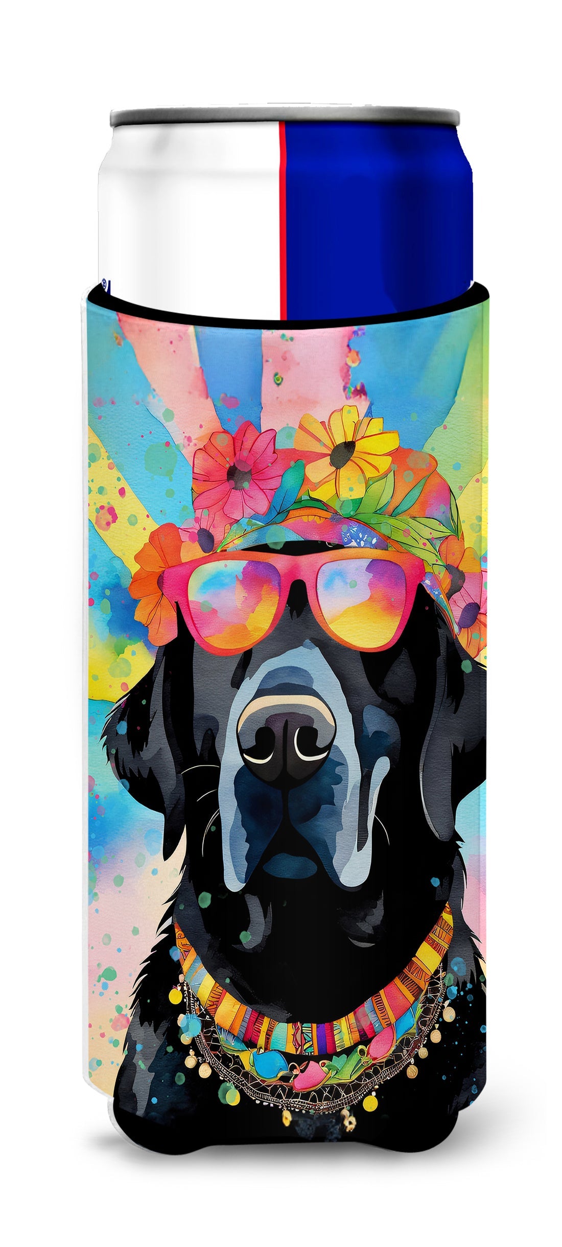Black Labrador Hippie Dawg Slim Can Hugger , Insulated Foam Hugger for 12 oz Slim Cans, Beer Bottles & Water Bottles, Printed in USA
