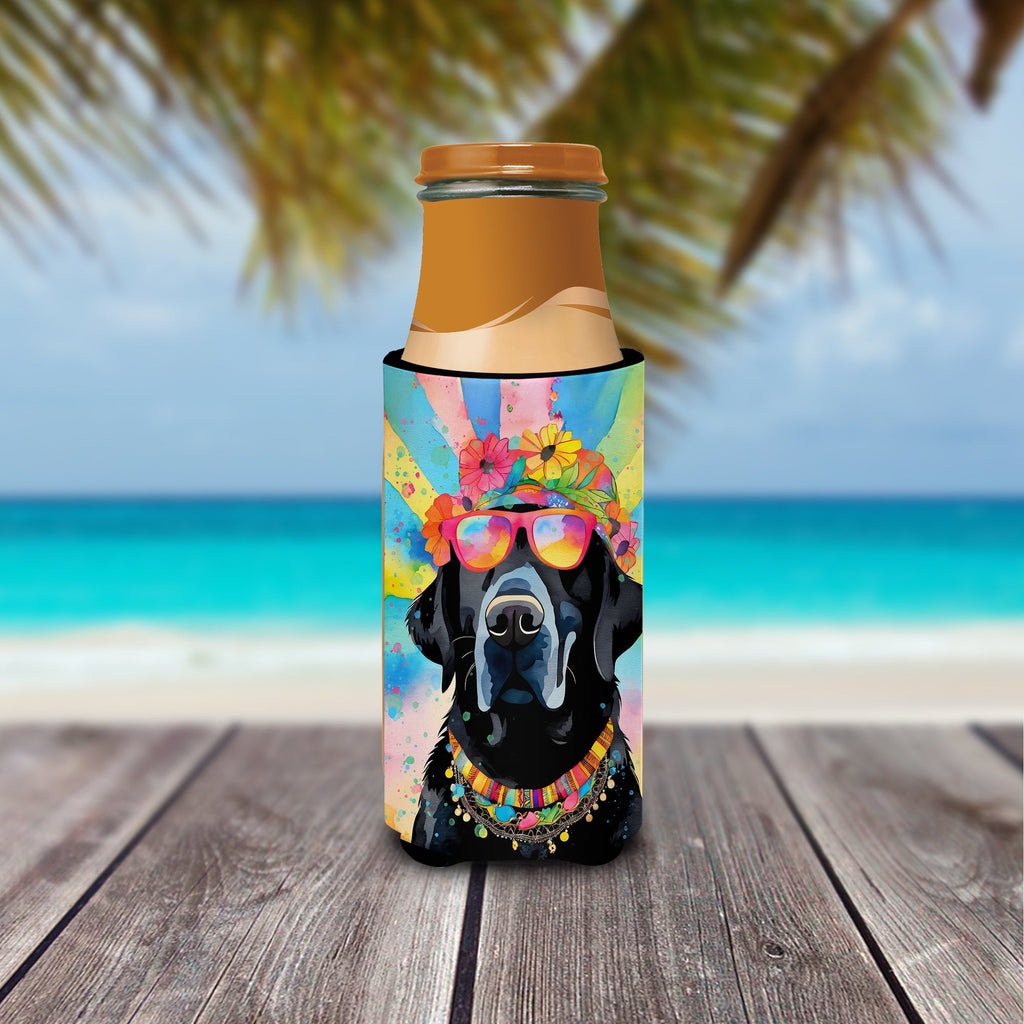 Black Labrador Hippie Dawg Slim Can Hugger , Insulated Foam Hugger for 12 oz Slim Cans, Beer Bottles & Water Bottles, Printed in USA