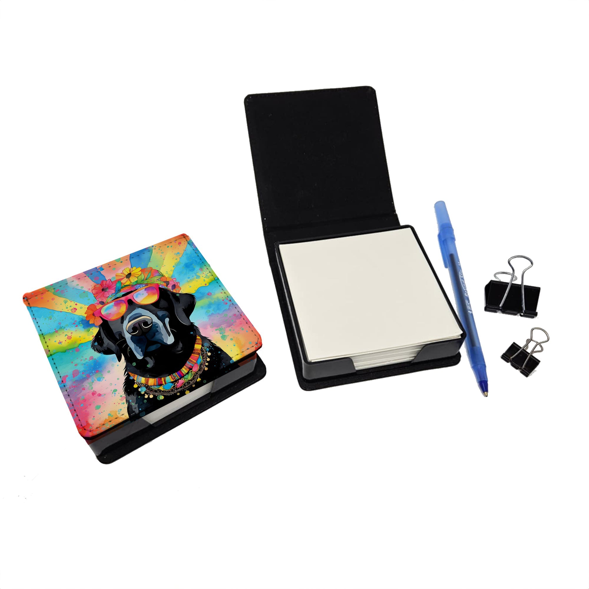 Black Labrador Hippie Dawg PU Leather Note Paper Holder with Artist-Designed Cover, Desk Accessory, Office Gift