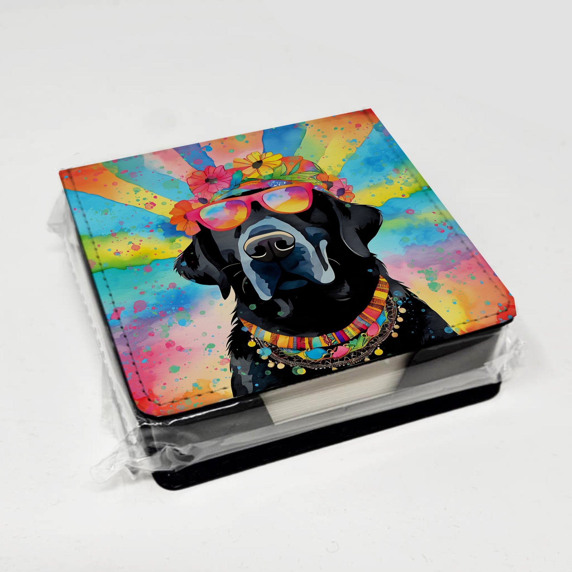 Black Labrador Hippie Dawg PU Leather Note Paper Holder with Artist-Designed Cover, Desk Accessory, Office Gift