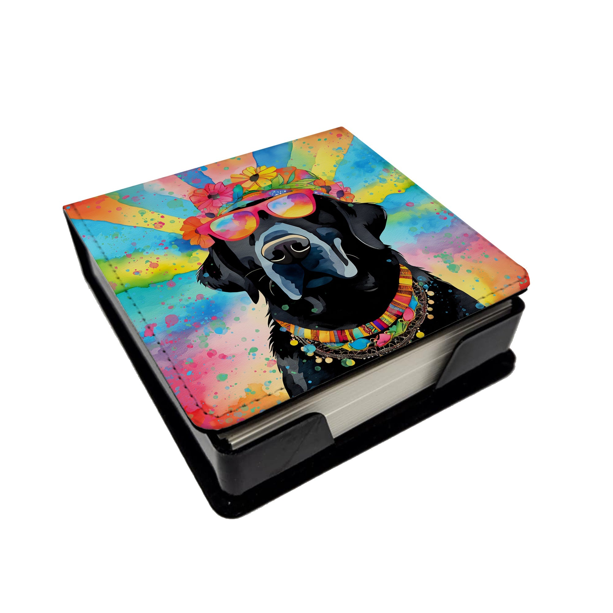 Black Labrador Hippie Dawg PU Leather Note Paper Holder with Artist-Designed Cover, Desk Accessory, Office Gift