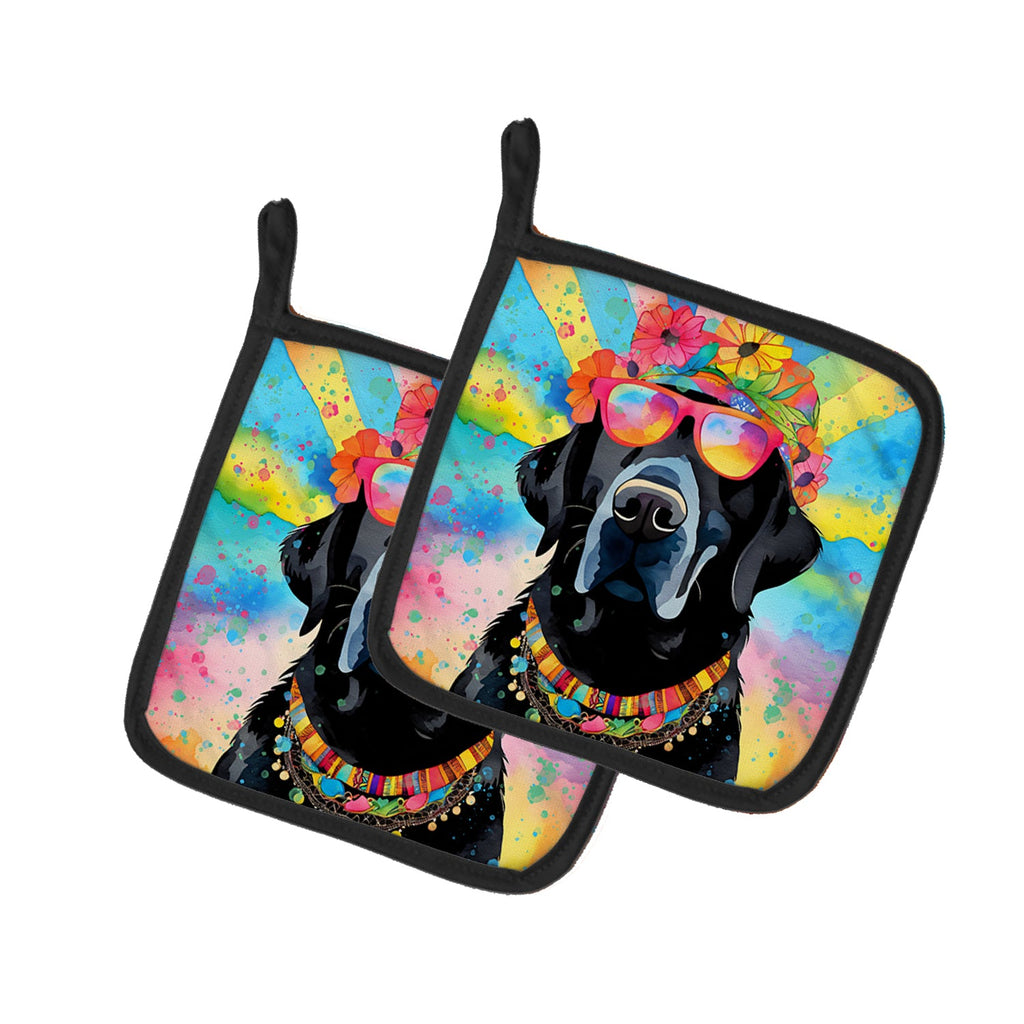 Black Labrador Hippie Dawg Pot Holder Set of 2 Heat Resistant Quilted Hot Pads 7.5 x 7.5 Inch, Insulated Kitchen Trivets for Cooking & Baking