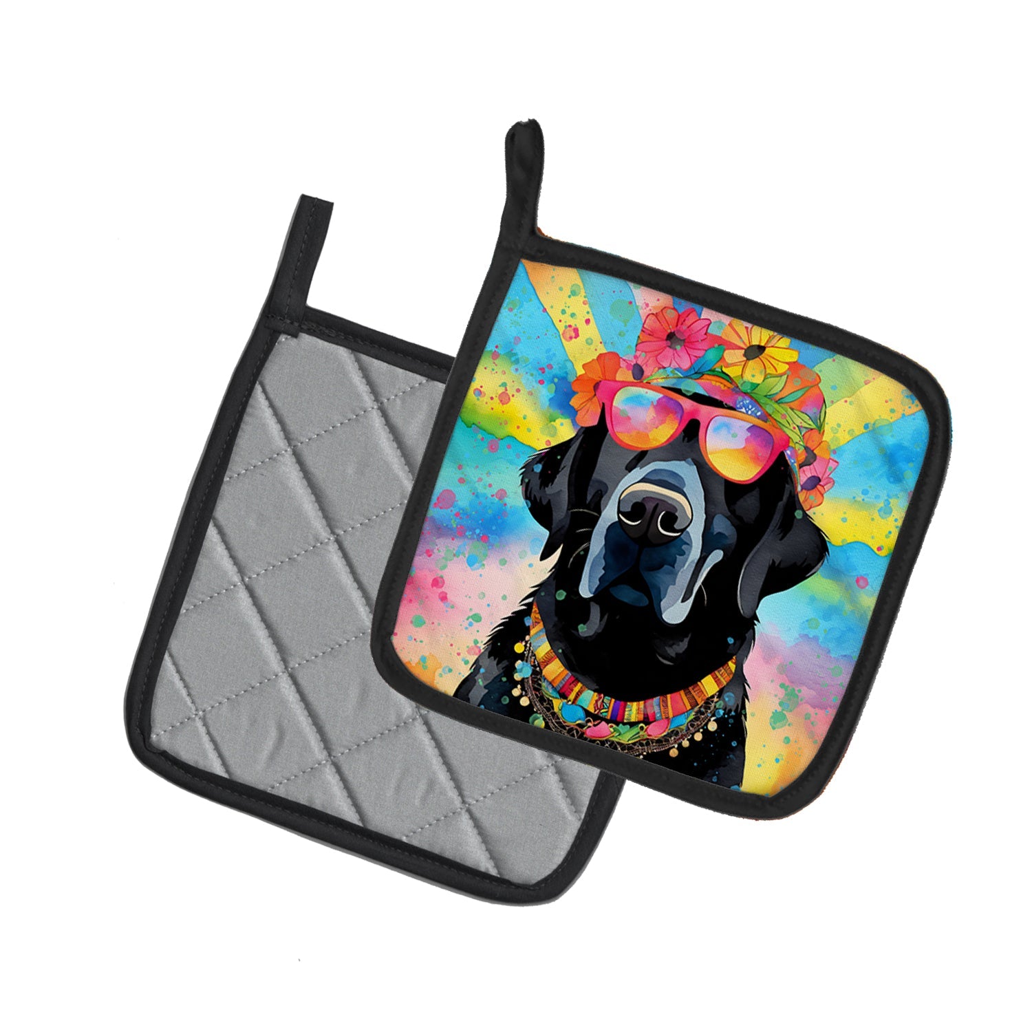 Black Labrador Hippie Dawg Pot Holder Set of 2 Heat Resistant Quilted Hot Pads 7.5 x 7.5 Inch, Insulated Kitchen Trivets for Cooking & Baking