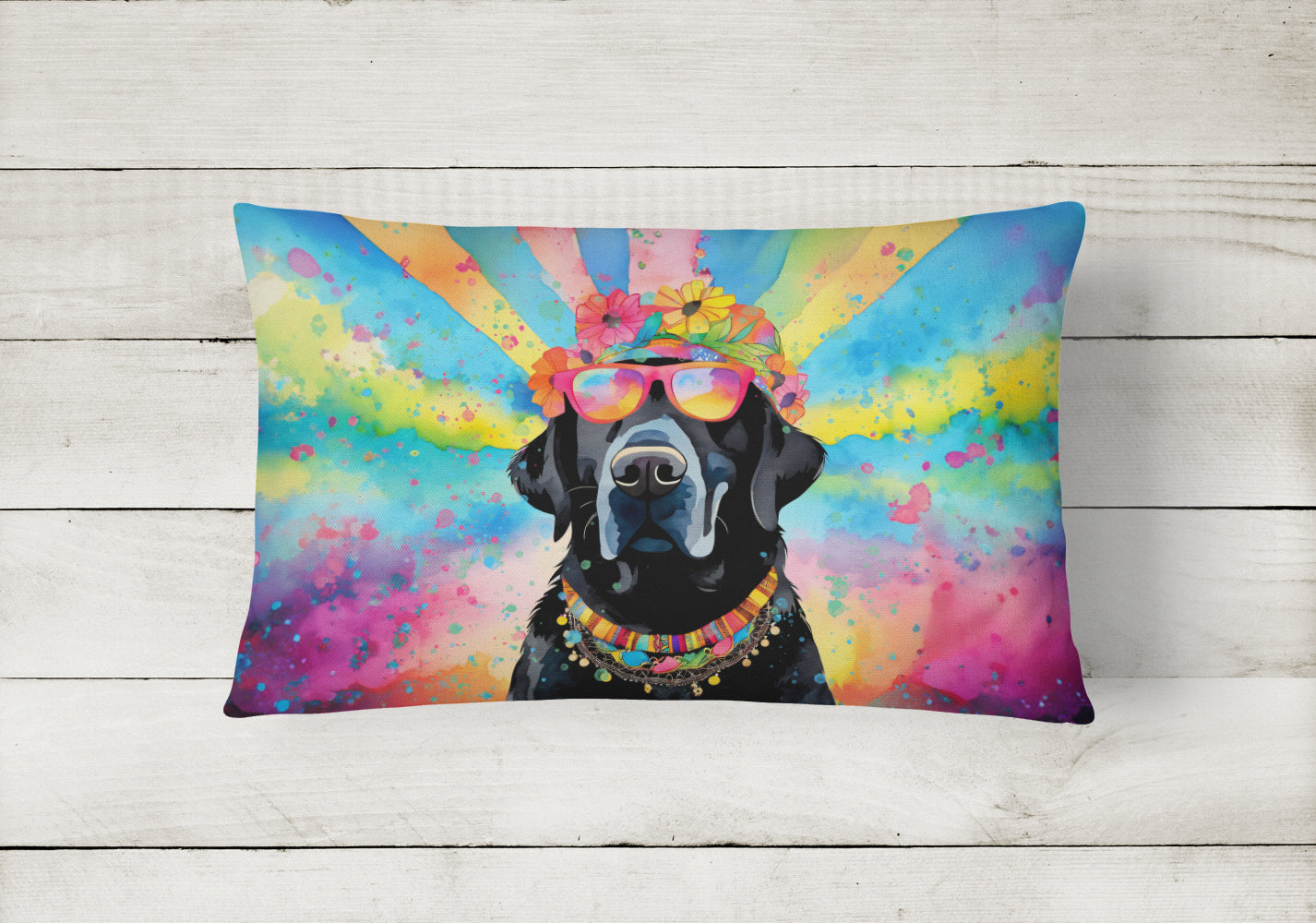 Black Labrador Hippie Dawg Decorative Throw Pillow 12x16 Indoor Outdoor Accent Cushion, Fabric Cover with Insert for Sofa, Bed, Porch & Living Room