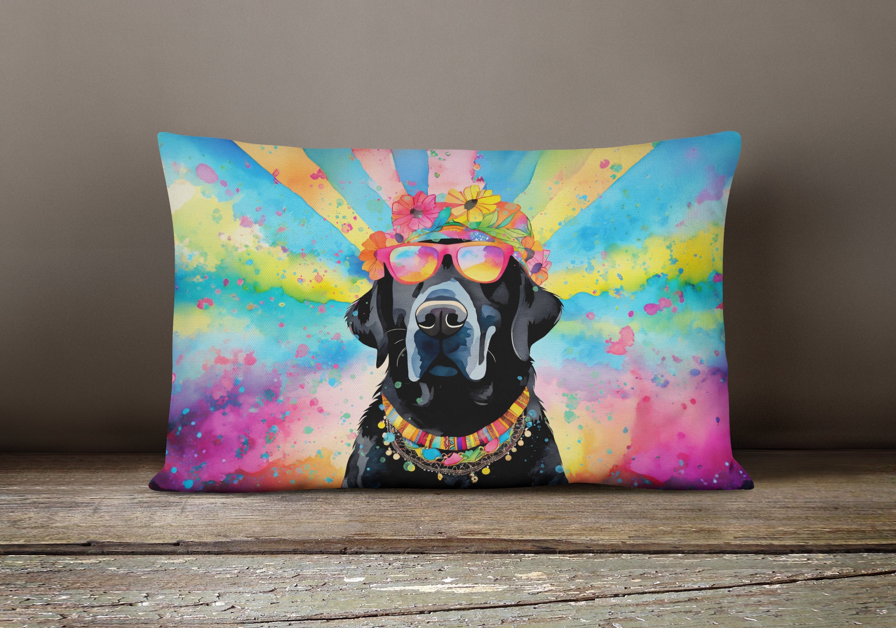 Black Labrador Hippie Dawg Decorative Throw Pillow 12x16 Indoor Outdoor Accent Cushion, Fabric Cover with Insert for Sofa, Bed, Porch & Living Room