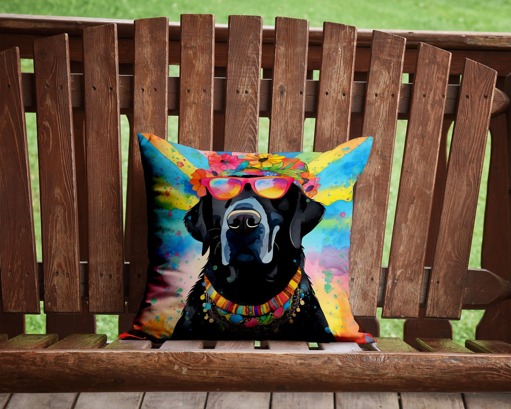 Black Labrador Hippie Dawg Decorative Throw Pillow 14x14 Indoor Outdoor Accent Cushion, Fabric Cover with Insert for Sofa, Bed, Porch & Living Room