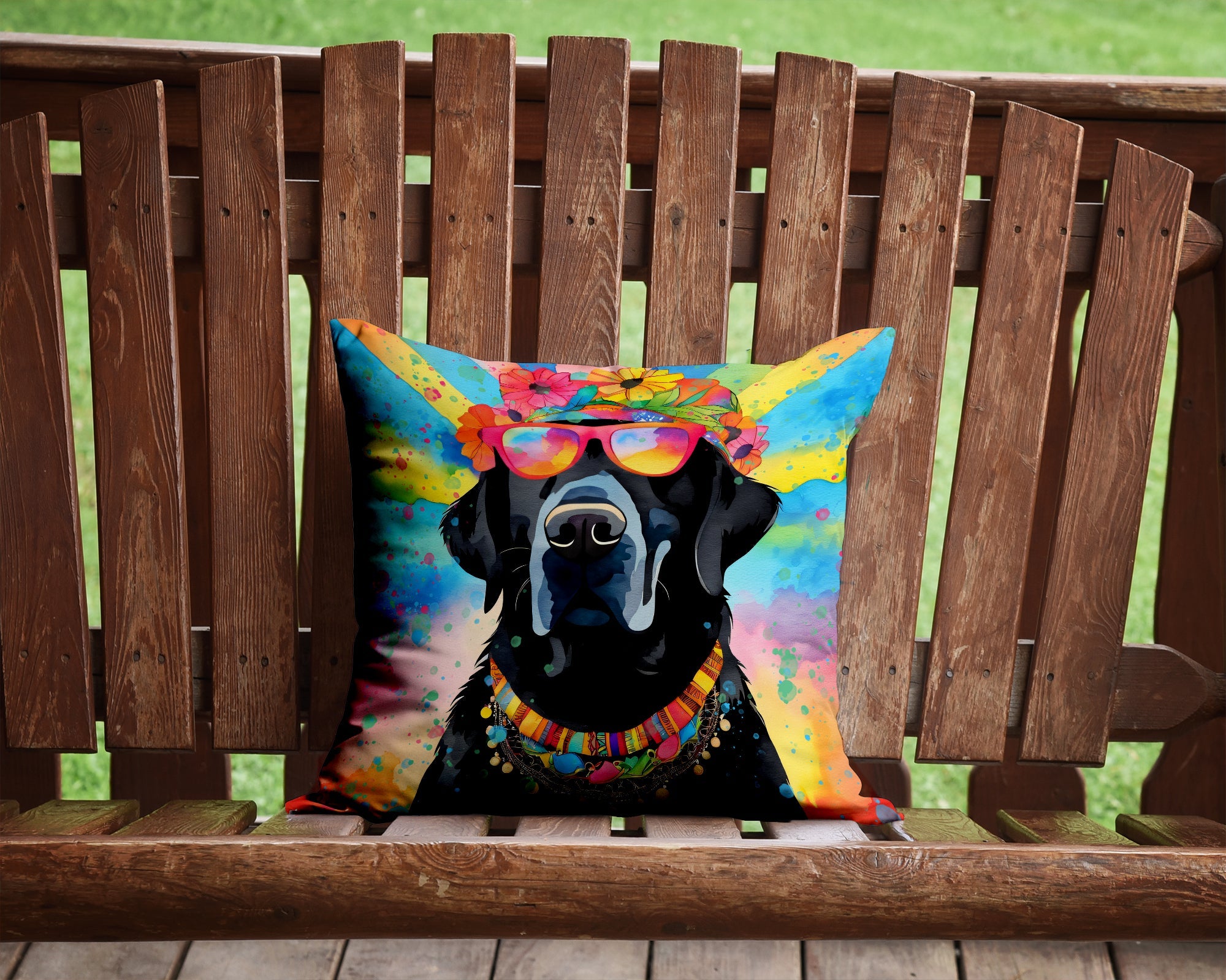 Black Labrador Hippie Dawg Decorative Throw Pillow 14x14 Indoor Outdoor Accent Cushion, Fabric Cover with Insert for Sofa, Bed, Porch & Living Room