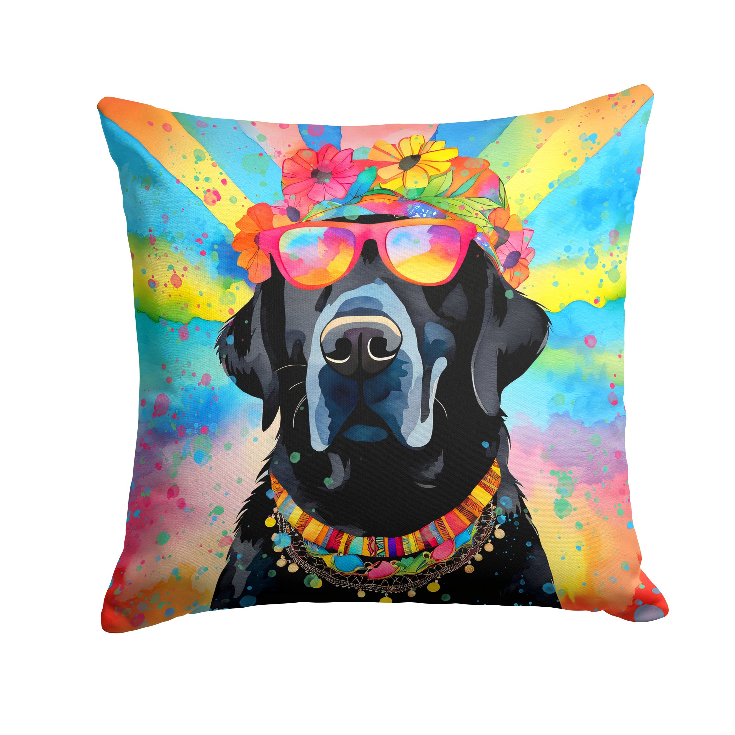 Black Labrador Hippie Dawg Decorative Throw Pillow 18x18 Indoor Outdoor Accent Cushion, Fabric Cover with Insert for Sofa, Bed, Porch & Living Room