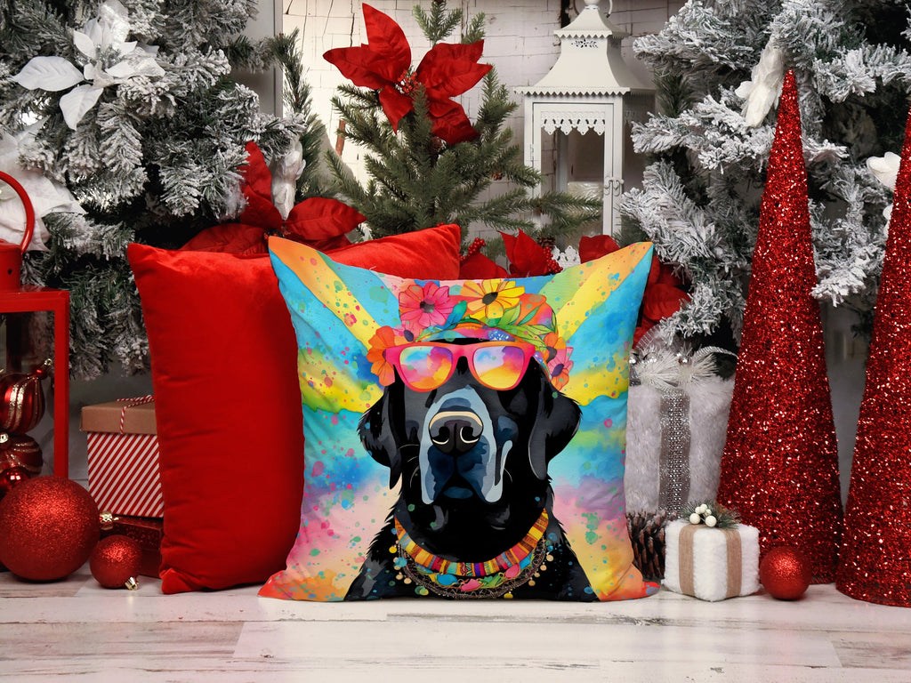 Black Labrador Hippie Dawg Decorative Throw Pillow 18x18 Indoor Outdoor Accent Cushion, Fabric Cover with Insert for Sofa, Bed, Porch & Living Room