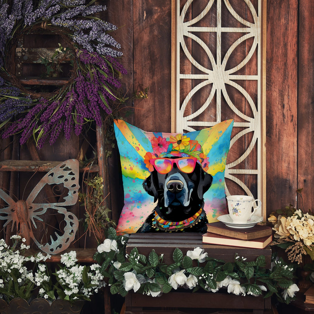 Black Labrador Hippie Dawg Decorative Throw Pillow 18x18 Indoor Outdoor Accent Cushion, Fabric Cover with Insert for Sofa, Bed, Porch & Living Room
