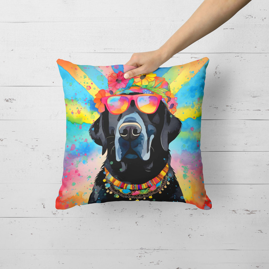 Black Labrador Hippie Dawg Decorative Throw Pillow 18x18 Indoor Outdoor Accent Cushion, Fabric Cover with Insert for Sofa, Bed, Porch & Living Room