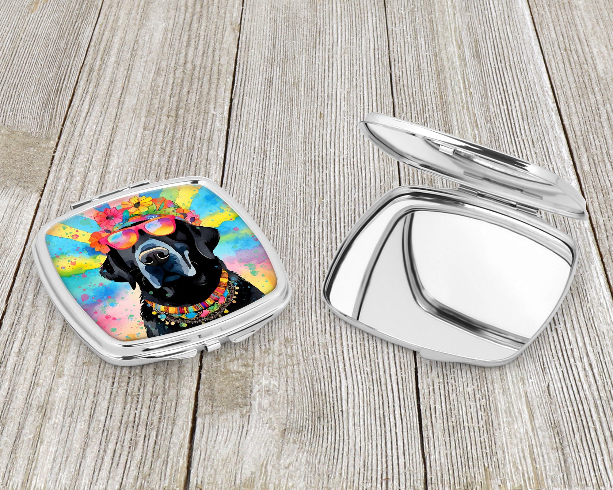 Black Labrador Hippie Dawg Compact Mirror Decorative Travel Makeup Mirror for Women Girls Gifts Pocket Makeup Mirror Folding Handheld