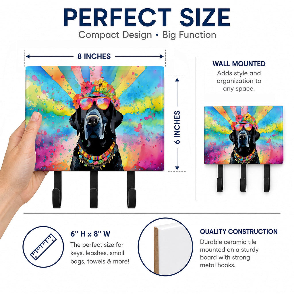 Black Labrador Hippie Dawg Leash or Key Holder Wall Hooks, Coat Rack Wall Mount, for Hanging Keys, Towels, Aprons, Leashes