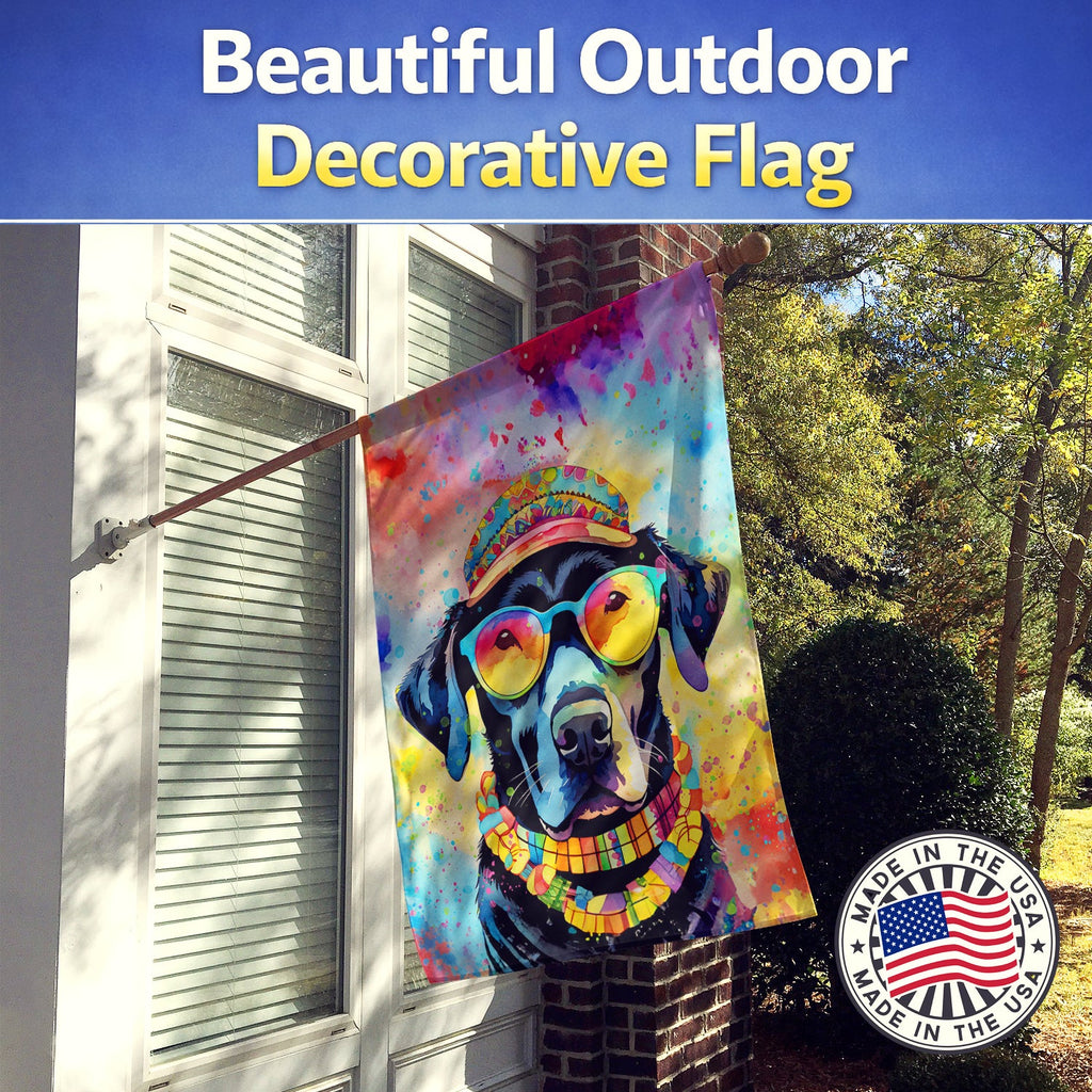 Black Labrador Hippie Dawg House Flag 28x40 Porch Sleeve Pole Decorative Outside Yard Banner Artwork Wall Hanging, Polyester