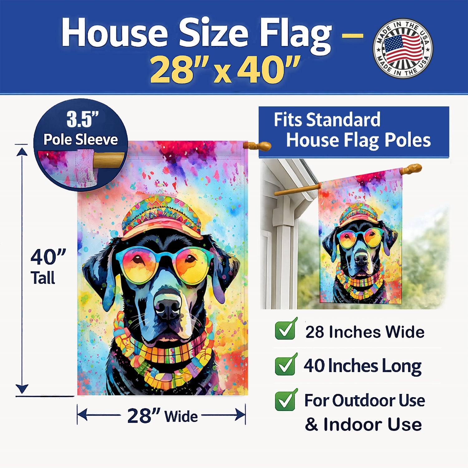 Black Labrador Hippie Dawg House Flag 28x40 Porch Sleeve Pole Decorative Outside Yard Banner Artwork Wall Hanging, Polyester