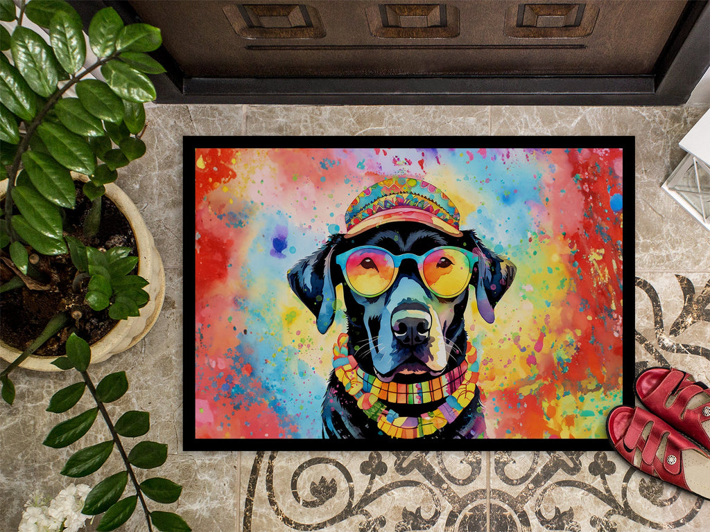 Black Labrador Hippie Dawg Doormat Indoor Outdoor 24H X 36W Front Door Mat Rugs for Entryway, Non Slip Washable Low Pile,