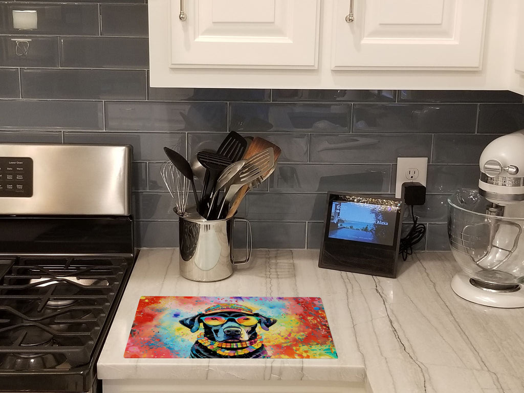 Black Labrador Hippie Dawg Cutting Board Tempered Glass Kitchen Cutting Surface, Heat Resistant Chopping, Non-Slip Feet, Food Prep & Serving