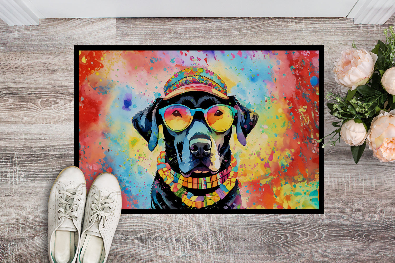 Black Labrador Hippie Dawg Doormat Indoor Outdoor 18H X 27W Front Door Mat Rugs for Entryway, Non Slip Washable