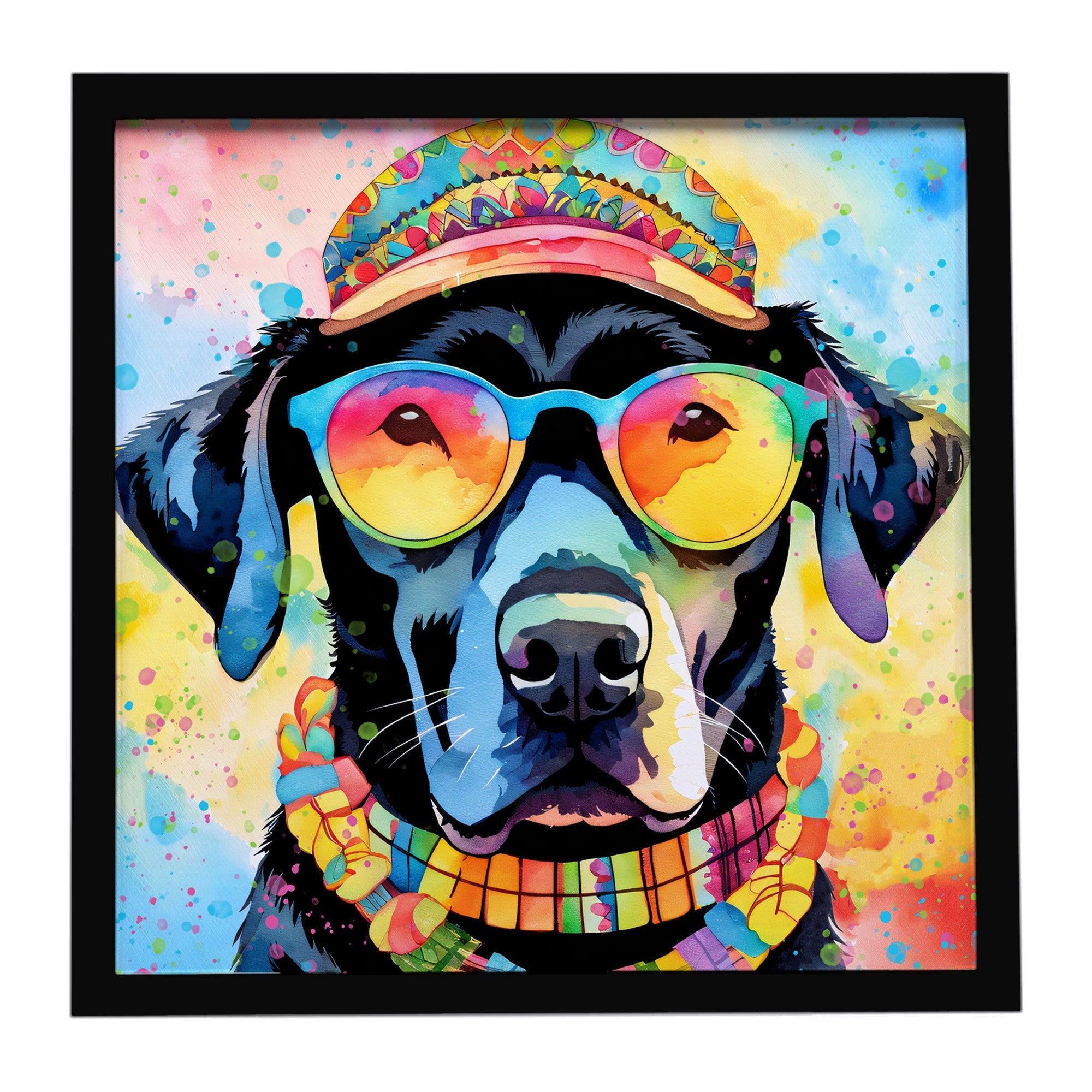Black Labrador Hippie Dawg Framed Metal Print Bathroom, Kitchen, Office, Home Decor Wall Art Ready to Hang, Square, 8X8