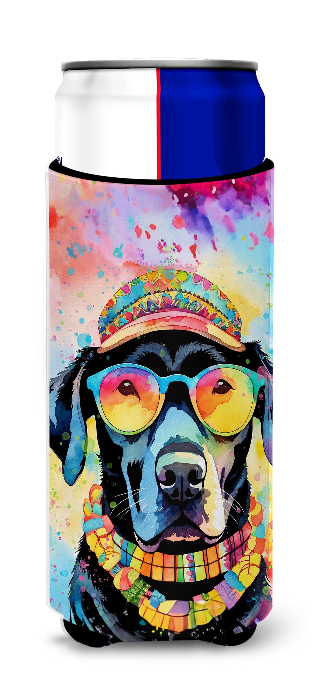 Black Labrador Hippie Dawg Slim Can Hugger , Insulated Foam Hugger for 12 oz Slim Cans, Beer Bottles & Water Bottles, Printed in USA