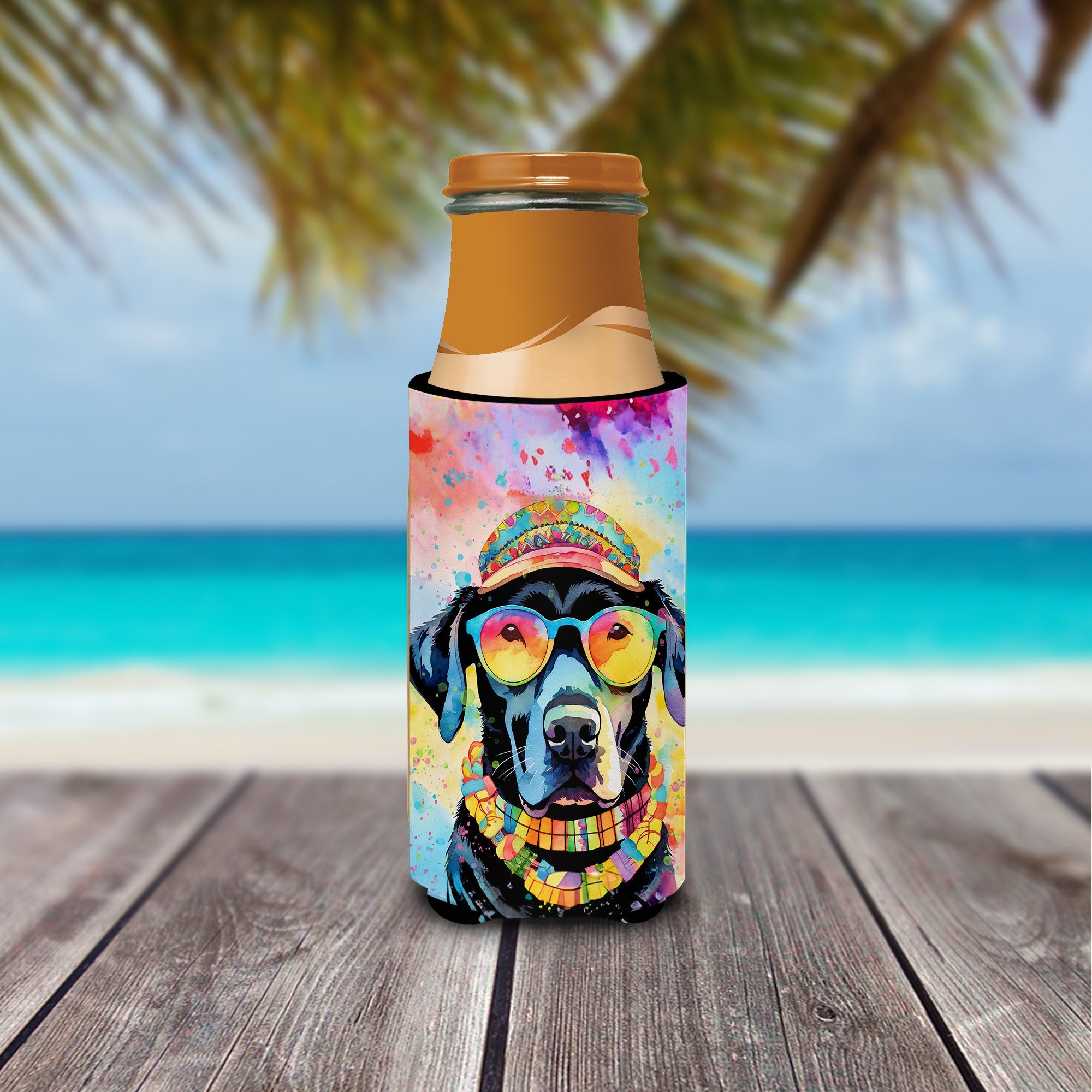 Black Labrador Hippie Dawg Slim Can Hugger , Insulated Foam Hugger for 12 oz Slim Cans, Beer Bottles & Water Bottles, Printed in USA
