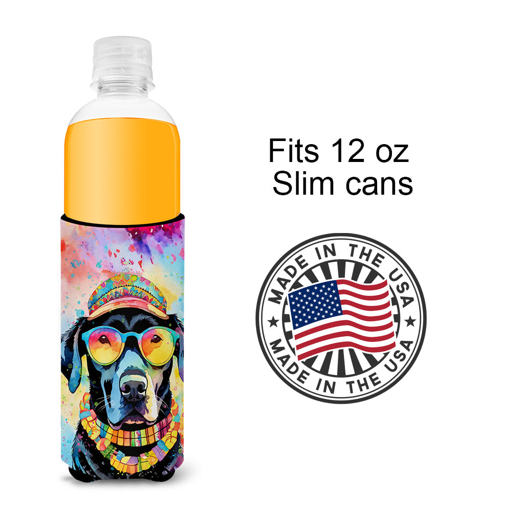 Black Labrador Hippie Dawg Slim Can Hugger , Insulated Foam Hugger for 12 oz Slim Cans, Beer Bottles & Water Bottles, Printed in USA
