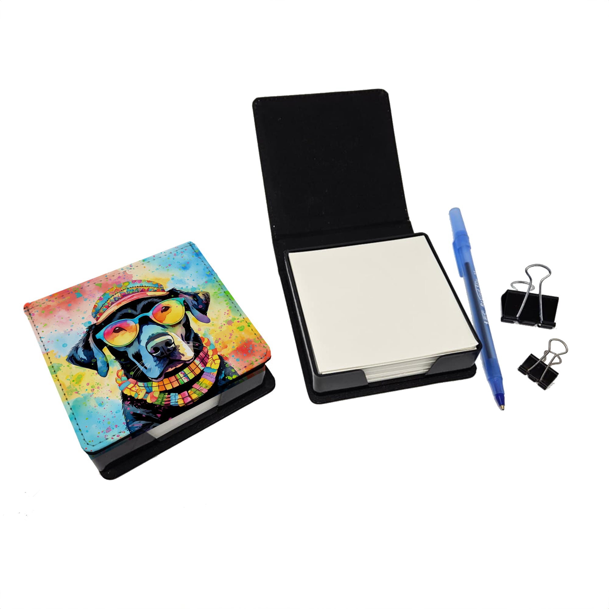 Black Labrador Hippie Dawg PU Leather Note Paper Holder with Artist-Designed Cover, Desk Accessory, Office Gift