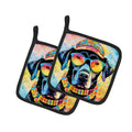Black Labrador Hippie Dawg Pot Holder Set of 2 Heat Resistant Quilted Hot Pads 7.5 x 7.5 Inch, Insulated Kitchen Trivets for Cooking & Baking
