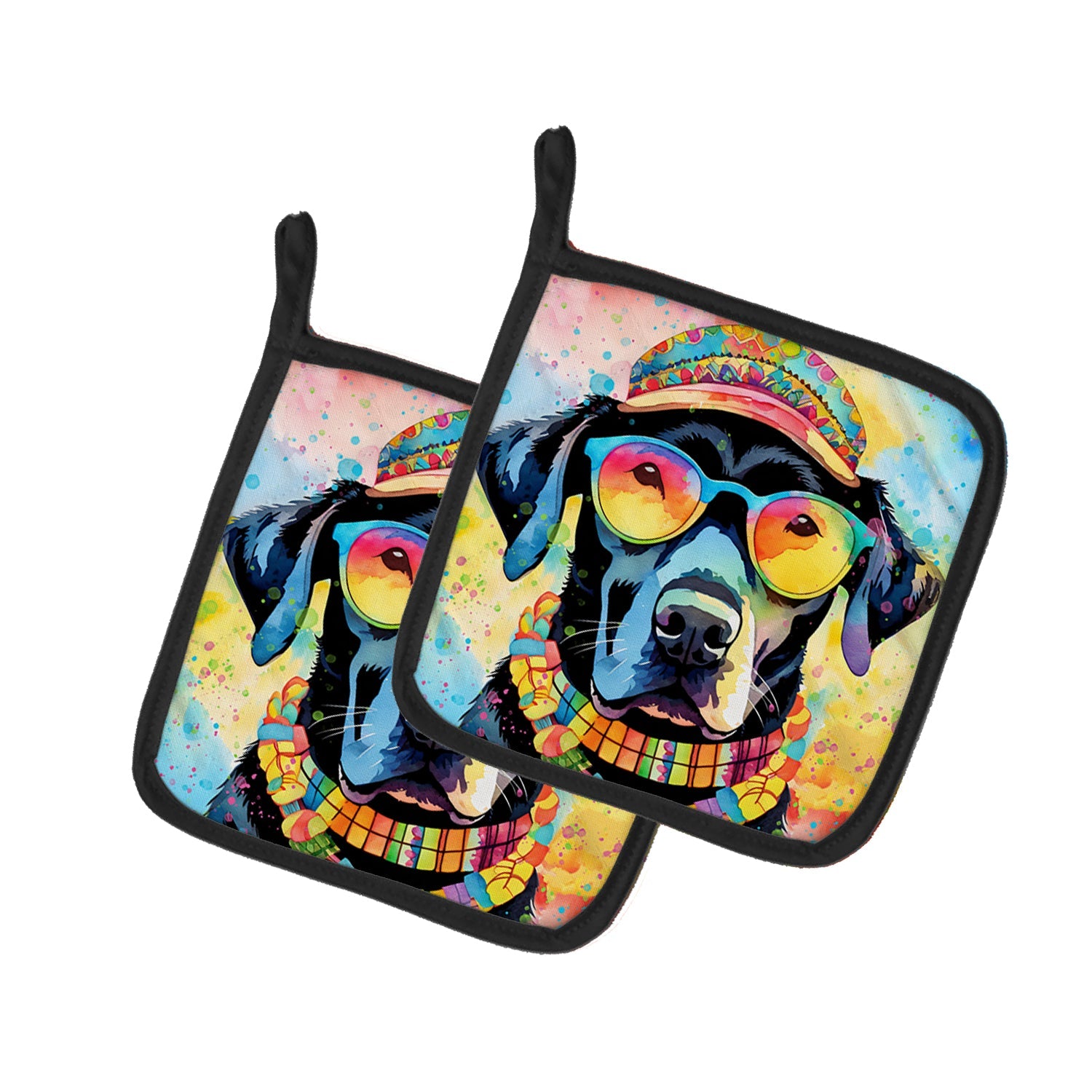 Black Labrador Hippie Dawg Pot Holder Set of 2 Heat Resistant Quilted Hot Pads 7.5 x 7.5 Inch, Insulated Kitchen Trivets for Cooking & Baking