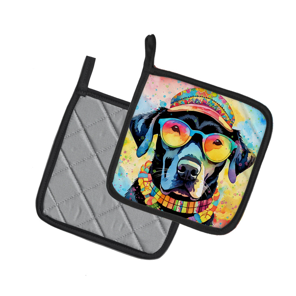 Black Labrador Hippie Dawg Pot Holder Set of 2 Heat Resistant Quilted Hot Pads 7.5 x 7.5 Inch, Insulated Kitchen Trivets for Cooking & Baking