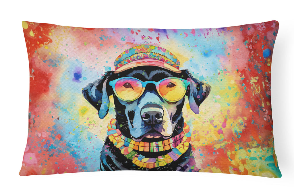 Black Labrador Hippie Dawg Decorative Throw Pillow 12x16 Indoor Outdoor Accent Cushion, Fabric Cover with Insert for Sofa, Bed, Porch & Living Room