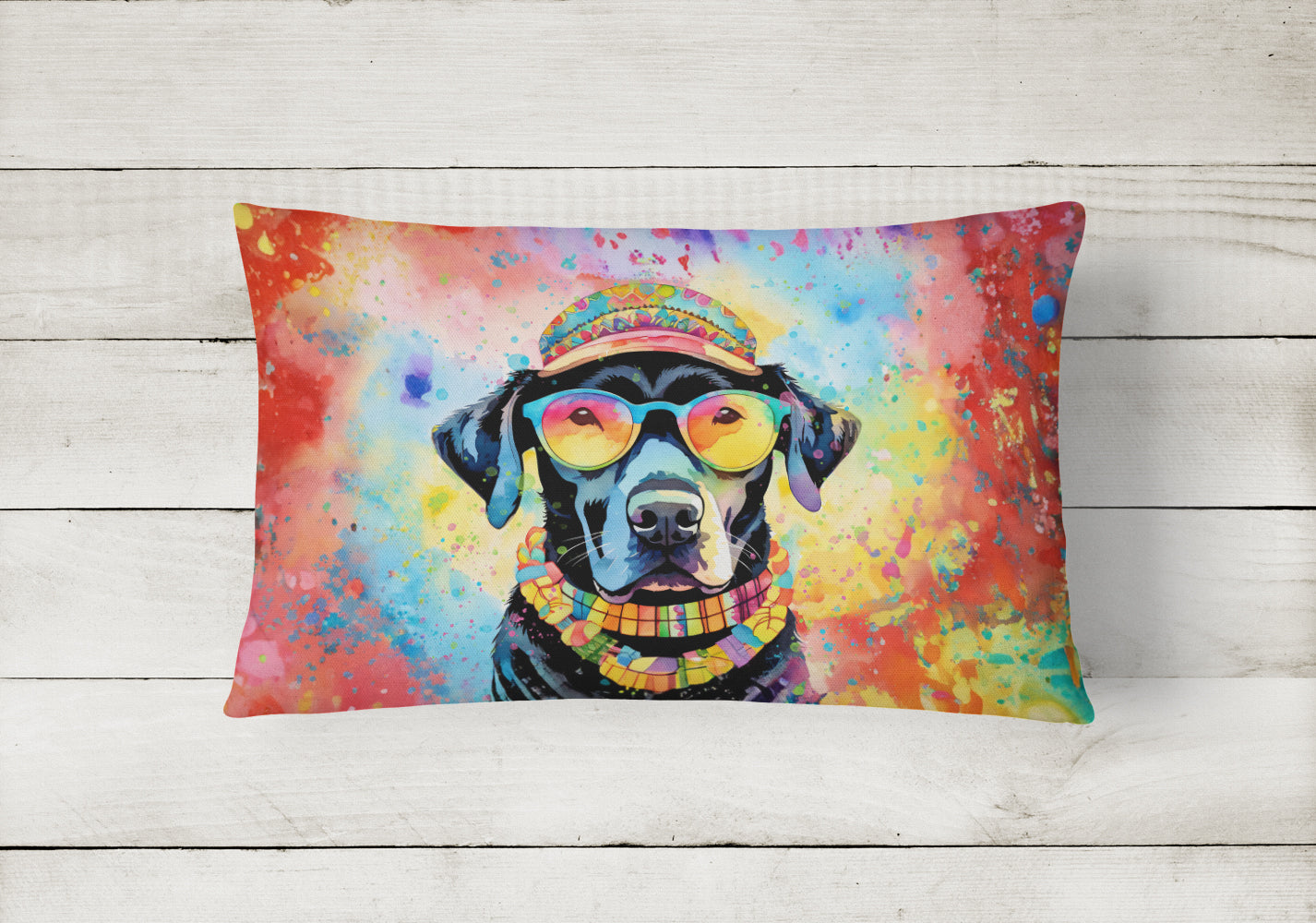Black Labrador Hippie Dawg Decorative Throw Pillow 12x16 Indoor Outdoor Accent Cushion, Fabric Cover with Insert for Sofa, Bed, Porch & Living Room