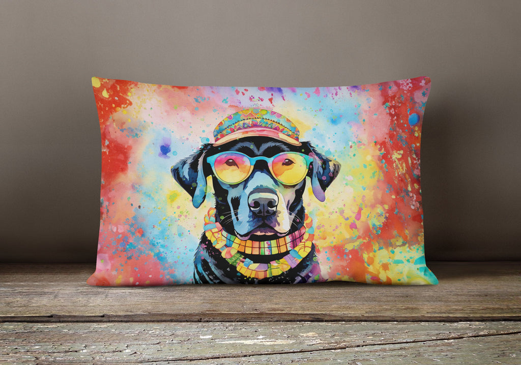 Black Labrador Hippie Dawg Decorative Throw Pillow 12x16 Indoor Outdoor Accent Cushion, Fabric Cover with Insert for Sofa, Bed, Porch & Living Room