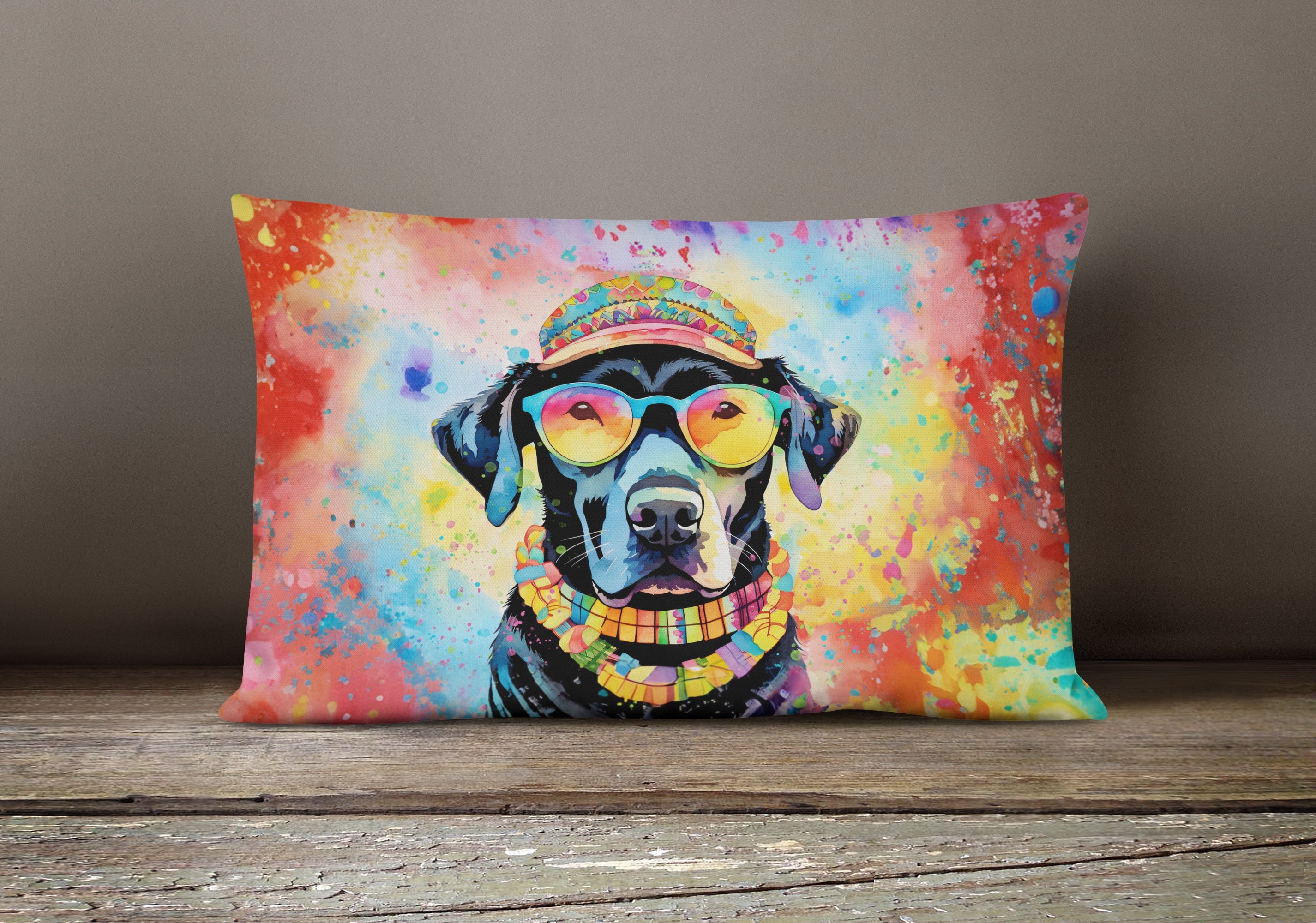 Black Labrador Hippie Dawg Decorative Throw Pillow 12x16 Indoor Outdoor Accent Cushion, Fabric Cover with Insert for Sofa, Bed, Porch & Living Room