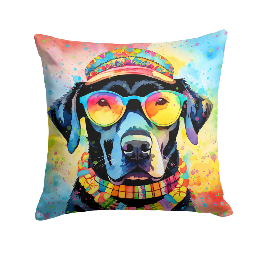 Black Labrador Hippie Dawg Decorative Throw Pillow 14x14 Indoor Outdoor Accent Cushion, Fabric Cover with Insert for Sofa, Bed, Porch & Living Room