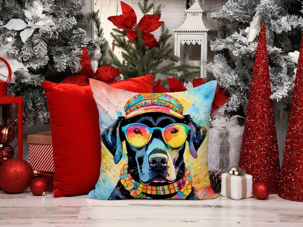 Black Labrador Hippie Dawg Decorative Throw Pillow 14x14 Indoor Outdoor Accent Cushion, Fabric Cover with Insert for Sofa, Bed, Porch & Living Room
